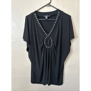 designers originals 3X Black Knit‎ V Neck Short Sleeve Beaded Top